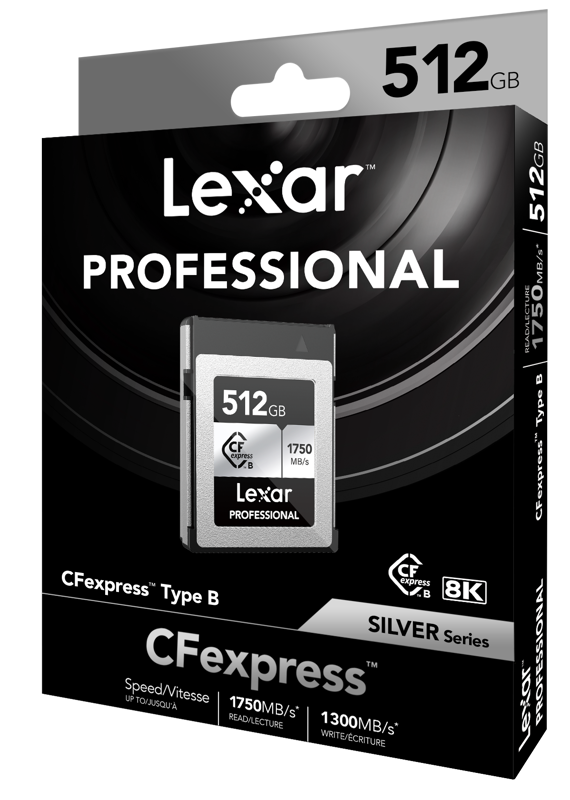 Lexar 512GB CFExpress Pro Silver seria. It also features high-speed performance of up to 1750MB/s read and 1300MB/s write.