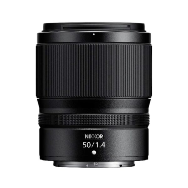 The image shows a NIKKOR Z 50mm f/1.4 lens. The lens is positioned vertically with the front element facing up. The text "NIKKOR 50/1.4" is visible on the side of the lens barrel. The NIKKOR Z 50mm f/1.4 lens is a classic focal length ideal for portraits, landscapes, street photography, and more.