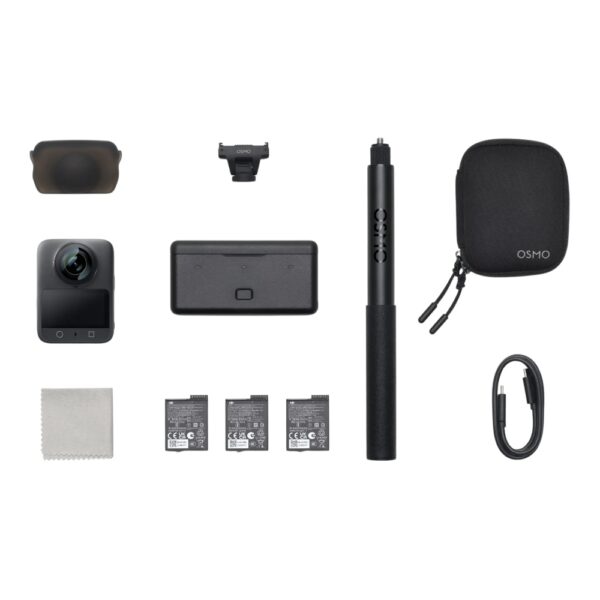 Pilt kirjeldab DJI Osmo 360 Adventure Combo komplekti kuuluvaid tooteid: kaamera, 3 akut, selfipulk, kandekott, laadimiskarp
