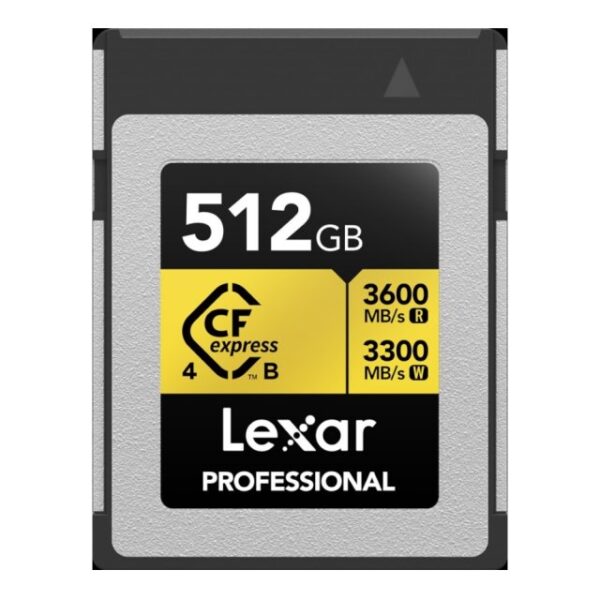 Ristküliku kujuga, must-hõbe värvi, mille keskosas on toodet tutvustav silt 512GB Lexar CFexpress 4 Pro mälukaart