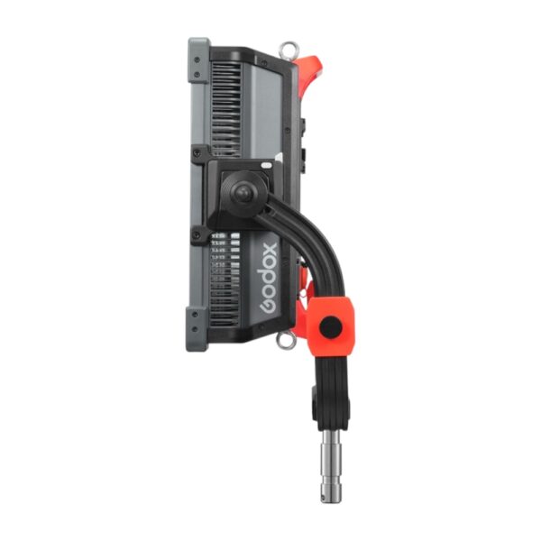 Külgvaade Godox KNOWLED P1200R Hard Pro RGB veekindlast paneelvalgustist, nähtav jahutusradiaator ja kinnitusmehhanism.
