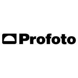 Profoto logo, valgel taustal on mustaga kirjutatud Profoto. Sõna ees on must ristkülik, mille sees on valge malli kujuga kujutis.