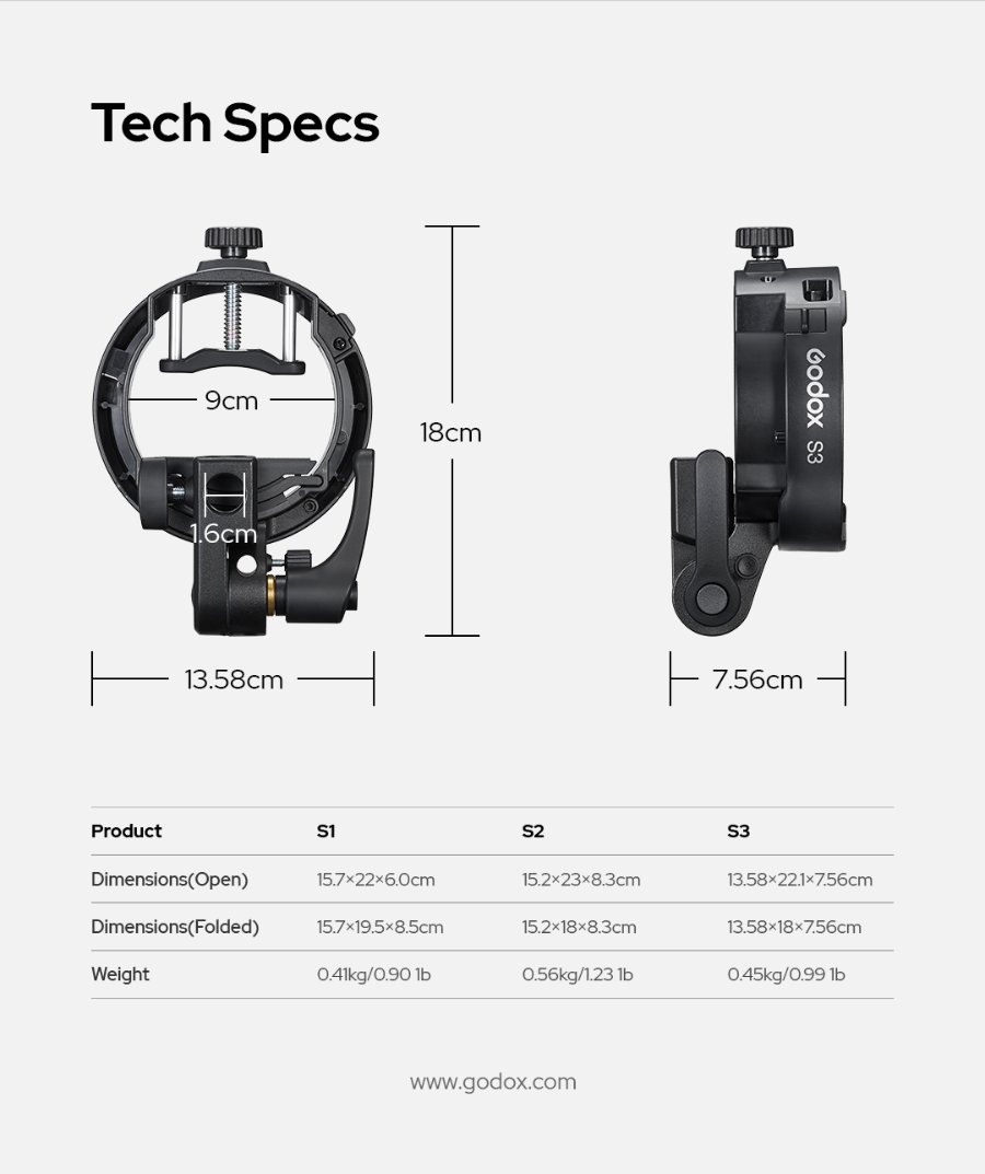Godox S3 kinnituse mõõtmed