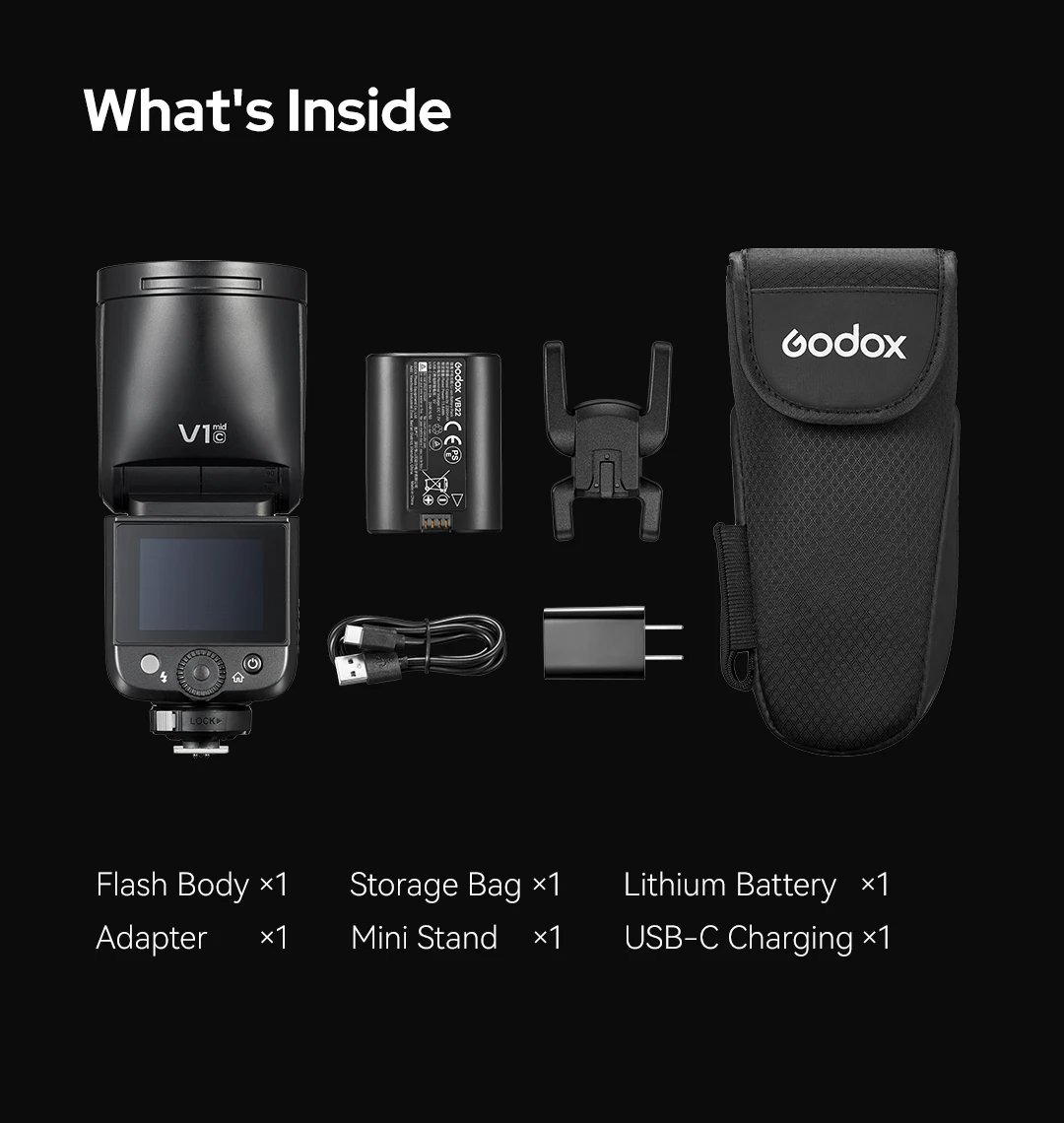 Godox V1 Mid komplekti sisu: välk, aku, adapter, minialus, USB-C kaabel ja kott