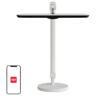 Yeelight V1 Pro nutikas lauavalgusti, mida saab äpiga juhtida. Valge lambi jalg. Lambi osal on musta ala.