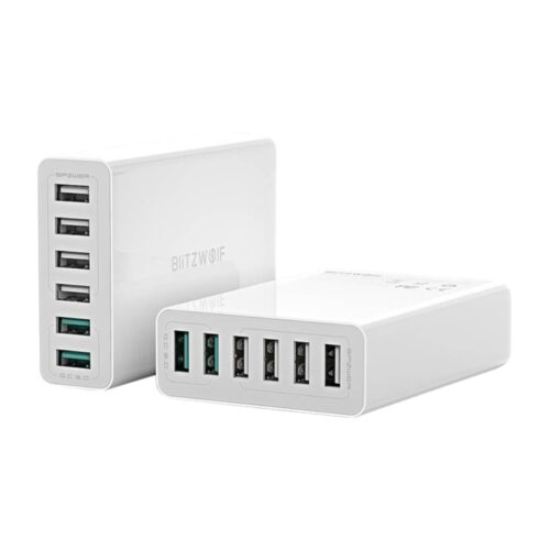 Valge tootekarp, mille esiküljel on 6 USB-A pistikupesa ja tagaküljel on toitejuhe. Selle tootega saab laadida USB-A juhtme kaudu tooteid.
