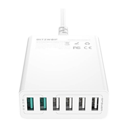 Valge tootekarp, mille esiküljel on 6 USB-A pistikupesa ja tagaküljel on toitejuhe. Selle tootega saab laadida USB-A juhtme kaudu tooteid.