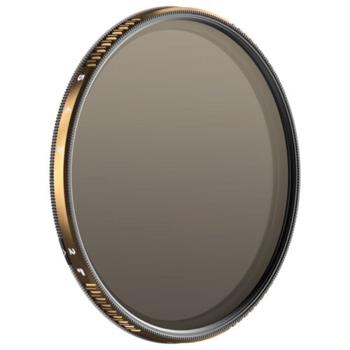 PolarPro PMVND 2–5 Stop Edition II 82mm muutuva tihedusega ND-filter kuldse ja musta raamiga.