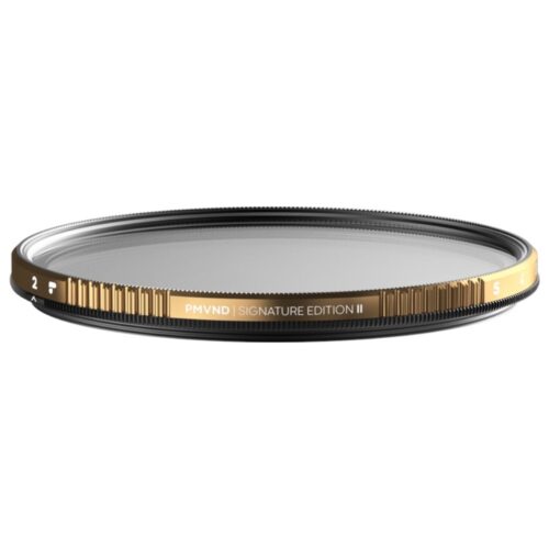 PolarPro PMVND 2–5 Stop Edition II 82mm muutuva tihedusega ND-filter kuldse ja musta raamiga.