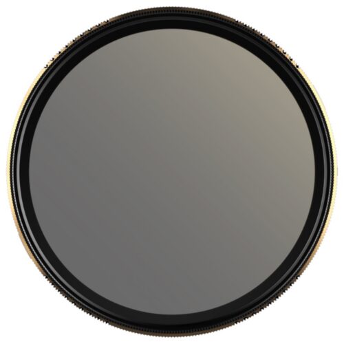PolarPro PMVND 2–5 Stop Edition II 82mm muutuva tihedusega ND-filter kuldse ja musta raamiga.