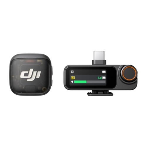 DJI Mic 3 juhtmevaba mikrofon. Pildil on 1tl TX ja 1tk RX seadet. Eest vaade.
