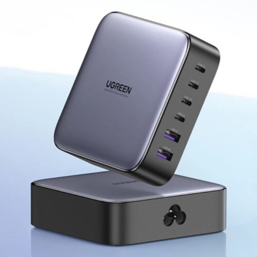 UGREEN 40914 Nexode 200W 6-port GaN laualaadija. Pordid annavad välja 100W, 65W ja 22,5W. Laadija saab ise aru, kui suurt pinget laetav toode talub.
