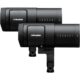 Profoto B30 Duo kit sisaldab kahte B30 välklampi. Pildil on need kaks lampi kujutatud küljelt, üksteise ees. Esimene välk varjab tagumise välgu alumist osa. Välgud on musta värvi.