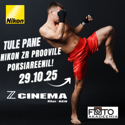 Poksiareen ja Nikon ZR kaamera; pealdis “Tule proovi uut Nikon ZR kaamerat”.