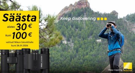 Nikon talvekampaaniat tutvustab bänner. Pildil soodustuse info ja binoklid.