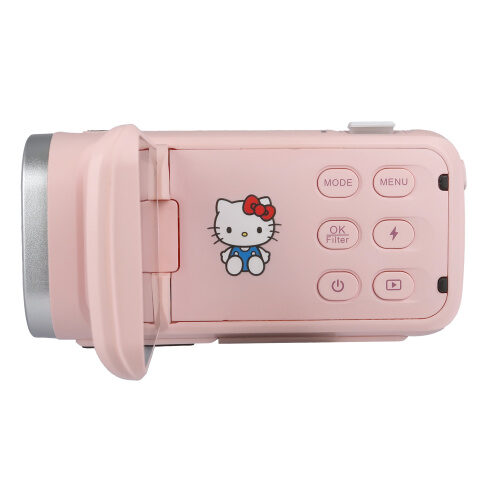 YASHICA Hello Kitty DigiPocket Camcorder külgvaade – roosa videokaamera nupupaneel ja Hello Kitty kujundus.