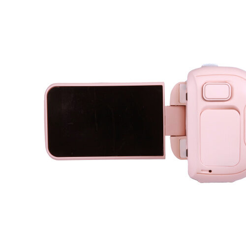 YASHICA Hello Kitty DigiPocket Camcorder avatava pööratava ekraaniga ülevalt vaates.