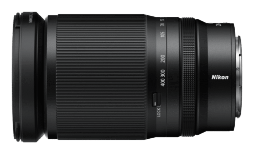 Nikon Z 28-400mm f/4-8 VR objektiiv külgvaates pikendatud suumiasendis.