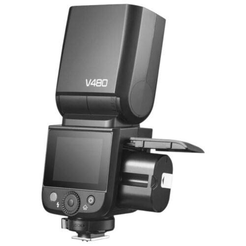 Godox V480 välklamp aku luuk avatud