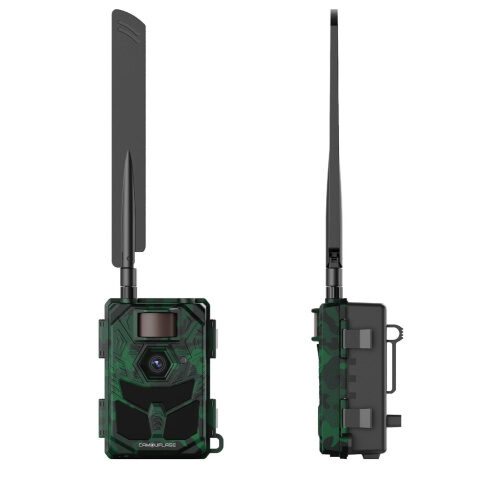 Camouflage EZ-4G Pro Wildlife Camera külg- ja tagavaade, vastupidav rajakaamera lukustatava korpusega