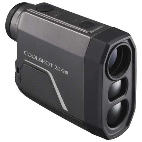 Nikon Coolshot 20 GIII golfi laserkaugusmõõtja 6x20 optikaga, eesmine objektiivi- ja laseranduri vaade.