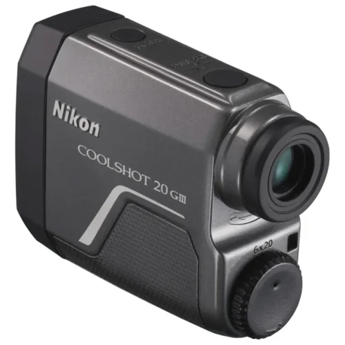Nikon Coolshot 20 GIII laserkaugusmõõtja külgvaates, 6x suurendus ja 20 mm objektiiv.