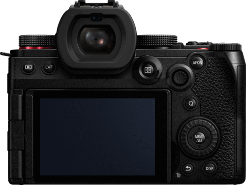 Panasonic Lumix S5M2 tagantvaade suletud ekraaniga, nähtaval pildiotsija ja juhtnupud.