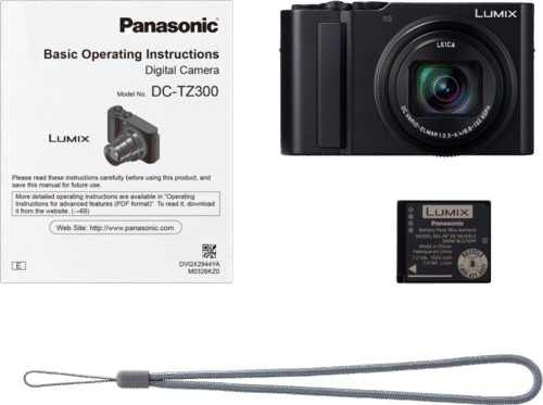 Panasonic Lumix DC-TZ300 komplekt: kasutusjuhend, kaamera, akupakk DMW-BLG10PP ja käerihm