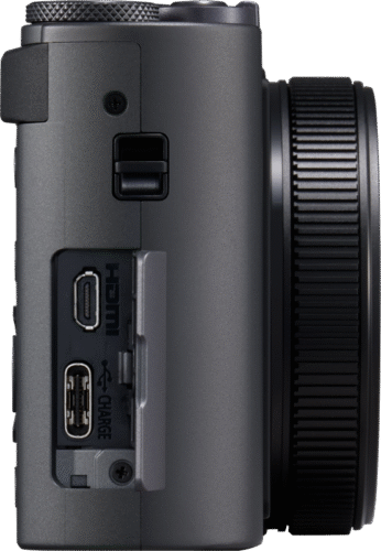 Panasonic Lumix DC-TZ300 külgvaade Micro HDMI ja USB-C laadimispordiga