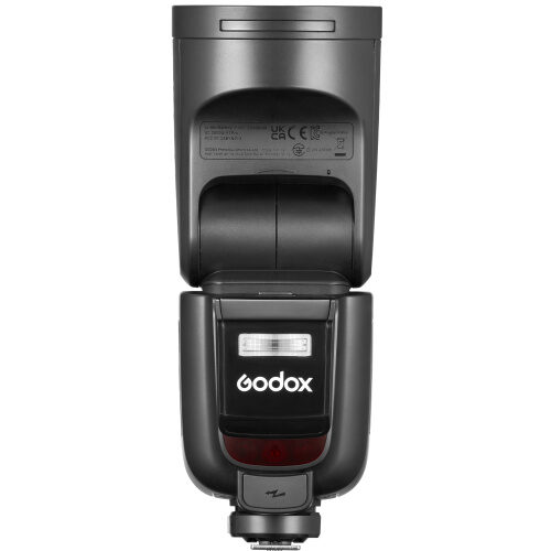 Godox V1 Pro N välklamp tagantvaates, nähtav infosilt ja akupesa
