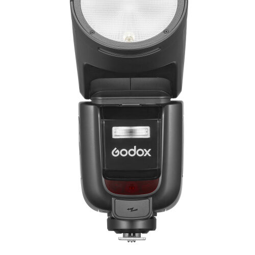 Godox V1 Pro N välklambi keha lähivaade koos kinnitatud SU-1 abivälklambiga