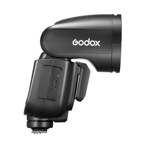 Godox V1 Pro N välklamp külgvaates, nähtav USB-C laadimispesa akul