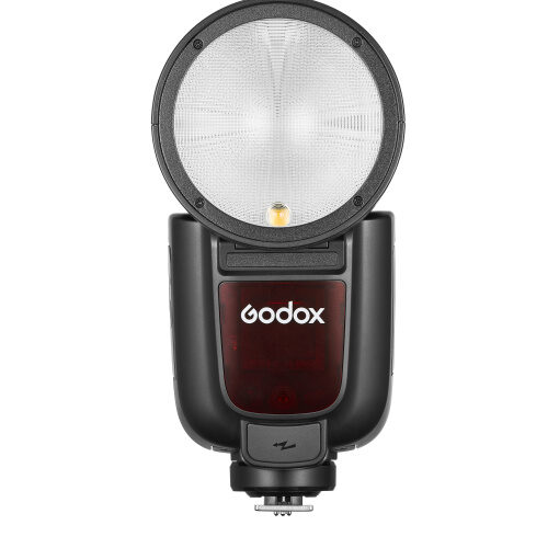 Godox V1 Pro N välklamp eestvaates, süttinud LCD ekraaniga, ilma abivälklambita