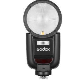 Godox V1 Pro N välklamp eestvaates, kinnitatud SU-1 abivälklambiga