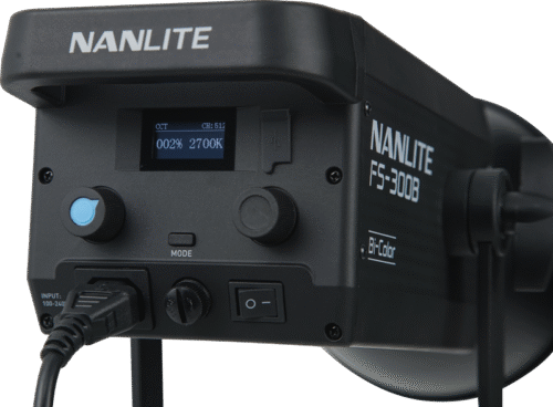 Nanlite FS-300B OLED-ekraani lähivaade seadistustega