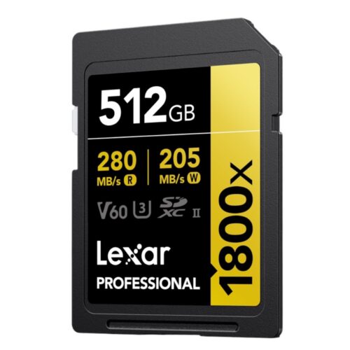 512GB Lexar Pro 1800x SDXC U3 UHS-II R280/W205 V60 mälukaart paremast küljest