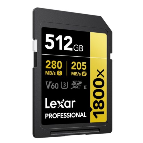 512GB Lexar Pro 1800x SDXC U3 UHS-II R280/W205 V60 mälukaart vasakust küljest