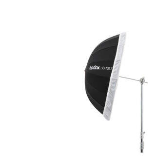 Godox DPU-105T valge vihmavarju hajuti paigaldatuna Godox UB-105S stuudiovihmavarjule külgvaates