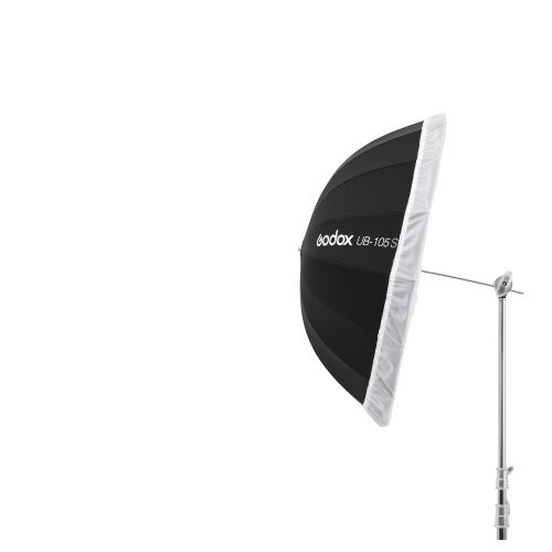Godox DPU-105T valge vihmavarju hajuti paigaldatuna Godox UB-105S stuudiovihmavarjule külgvaates