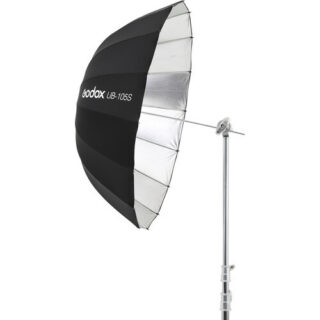 Godox UB-105S paraboolne hõbedane stuudiovihmavari 105 cm poolkülgvaates valgusstatiivil