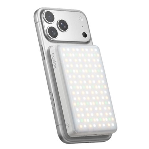 Godox MA5R Plus RGB LED videovalgusti akupangaga telefoni tagaküljel küljelt valge