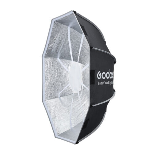 Godox EazyFlow Beauty Dish 85 must ja hõbe külgvaates, hõbedase sisepinna ja valge deflektoriga