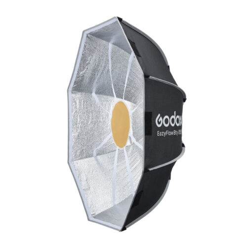 Godox EazyFlow Beauty Dish 85 must ja hõbe külgvaates, hõbedase sisepinna ja kuldse deflektoriga