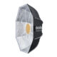 Godox EazyFlow Beauty Dish 85 must ja hõbe külgvaates, hõbedase sisepinna ja kuldse deflektoriga