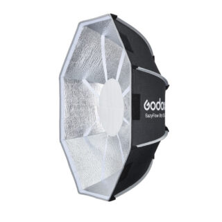 Godox EazyFlow Beauty Dish 65 must ja hõbe külgvaates, hõbedase sisepinna ja valge deflektoriga