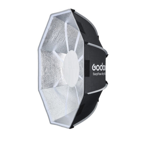 Godox EazyFlow Beauty Dish 65 must ja hõbe külgvaates, hõbedase sisepinna ja valge deflektoriga