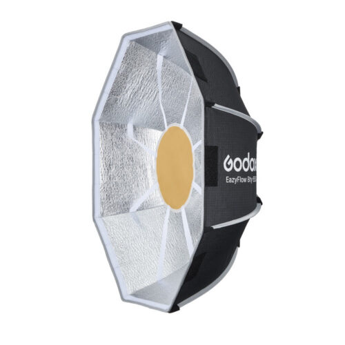 Godox EazyFlow Beauty Dish 65 must ja hõbe külgvaates, hõbedase sisepinna ja kuldse deflektoriga
