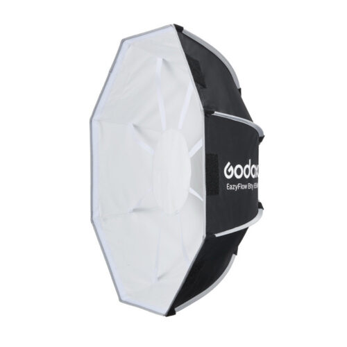 Godox EazyFlow Beauty Dish 65 must ja valge külgvaates, valge sisepinna ja valge deflektoriga