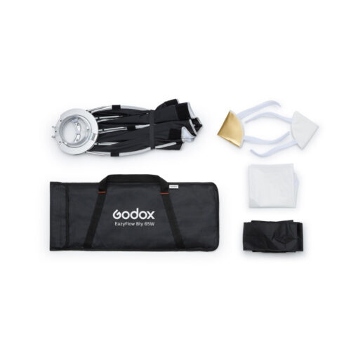 Godox EazyFlow Beauty Dish 65 must ja valge komplekti sisu: kokkupandud kauss, kandekott, deflektorid, hajuti ja kärg