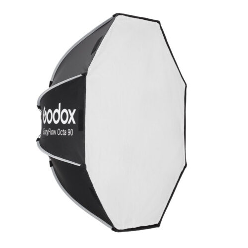 Godox EazyFlow Octa 90 softbox külgvaates, kaheksanurkne kokkupandav softboks eesmise valge hajutiga